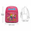 Pink school backpack with cartoon characters and measurements on a white background