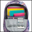Purple backpack with colorful stationery items on a white background