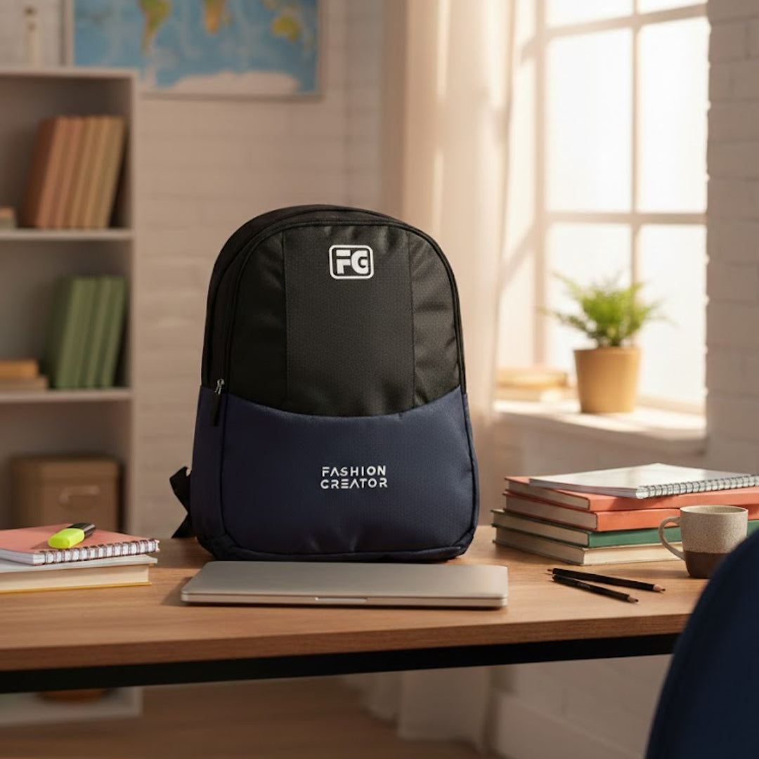 Black and blue backpack on a desk with books and stationery in a room with a world map on the wall.