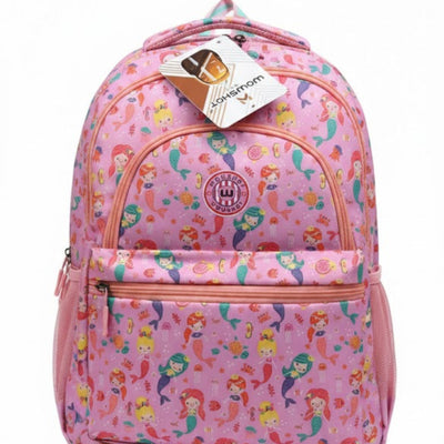 Pink backpack with mermaid pattern on a white background