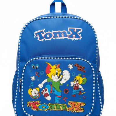 Blue backpack with cartoon characters on a white background