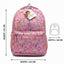Pink backpack with mermaid pattern and measurements on a white background