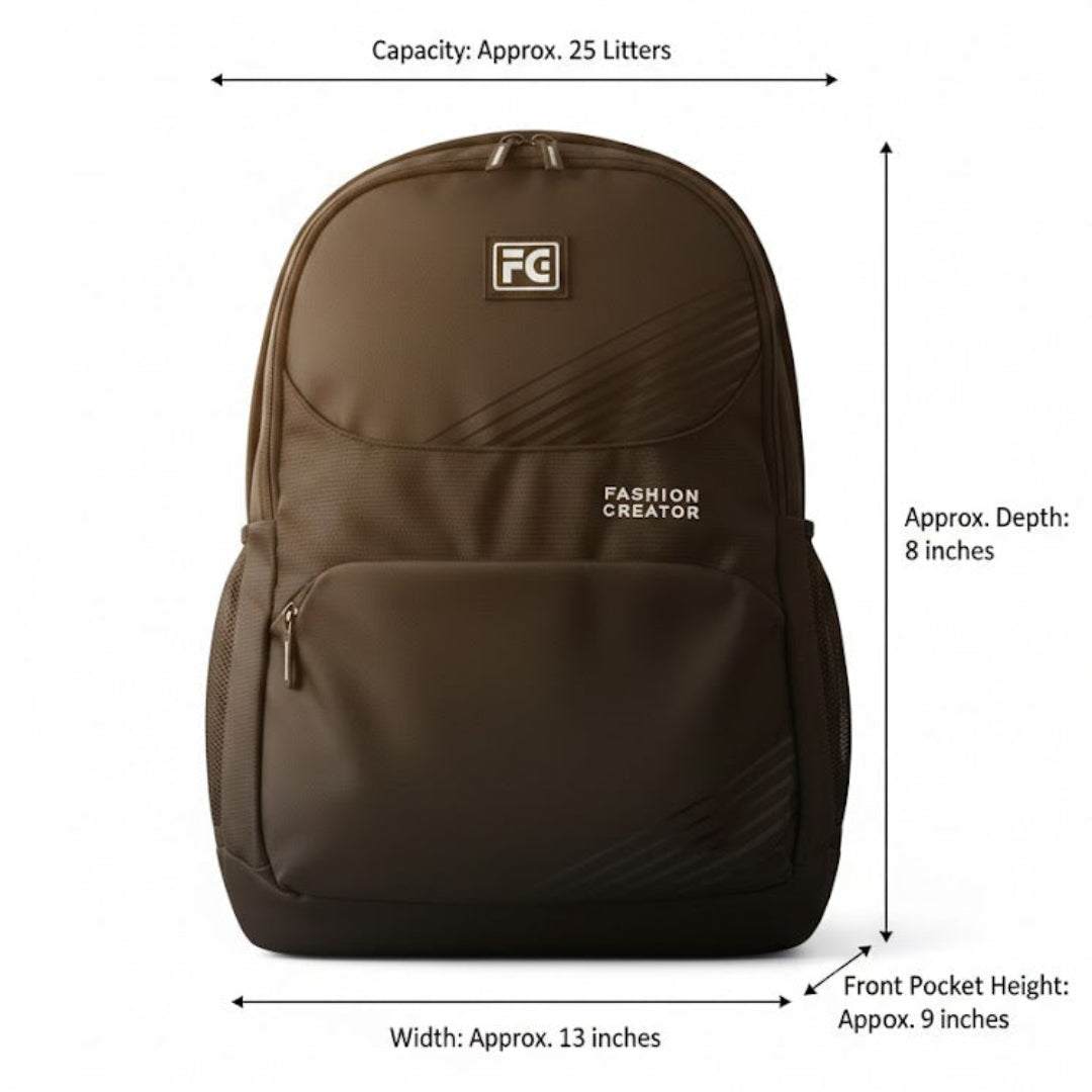 Brown backpack with dimensions and capacity details on a white background