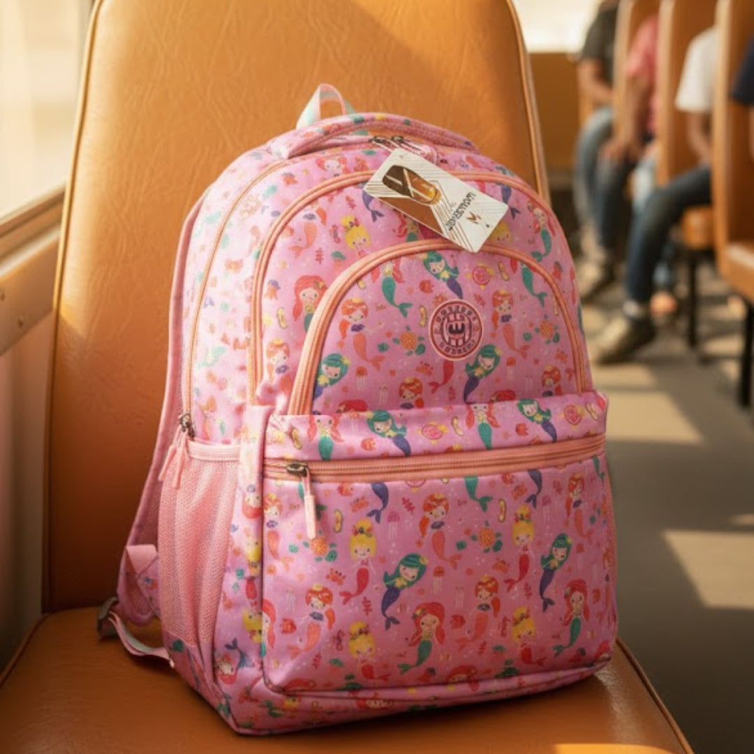 Pink backpack with floral design on a bus seat