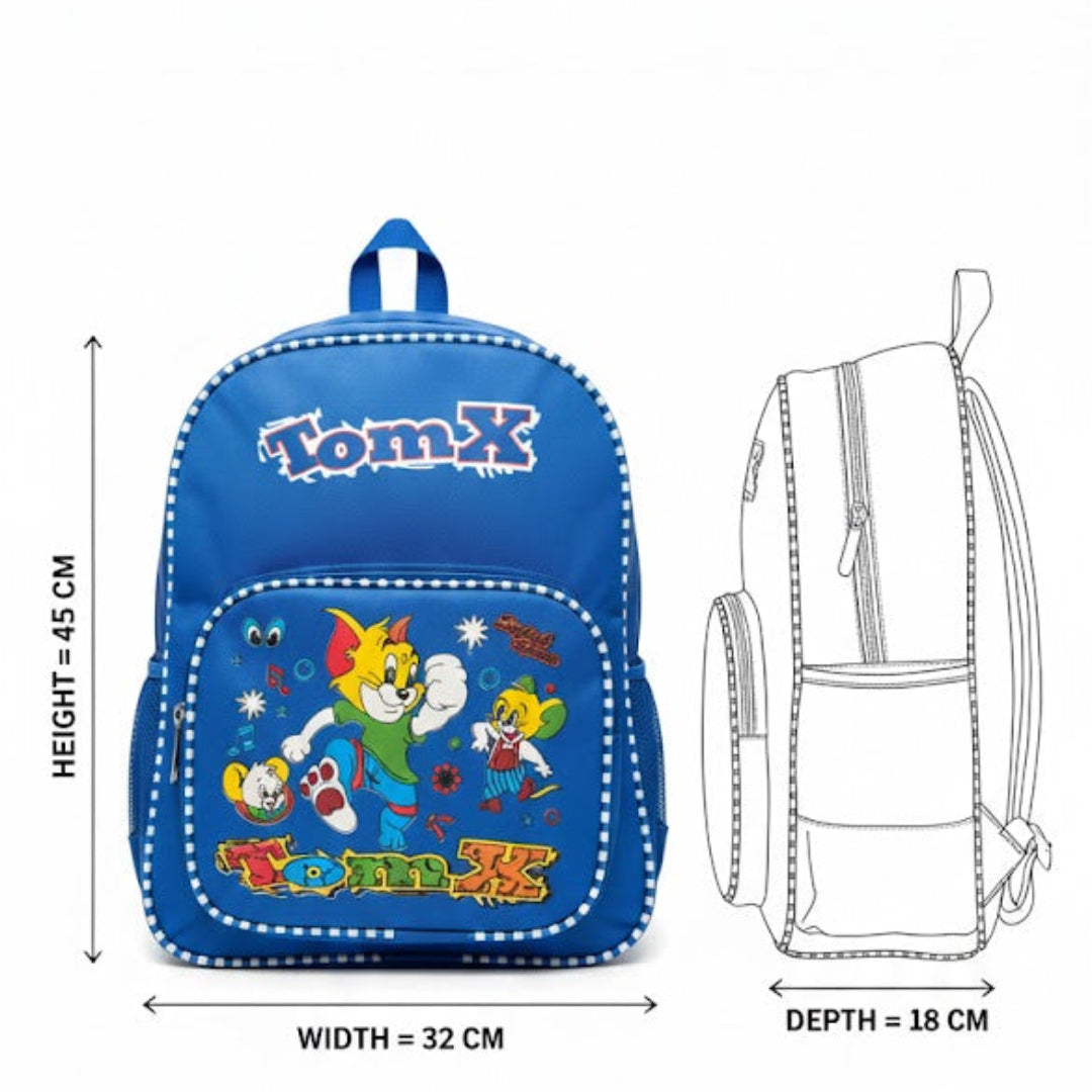 Blue TomX school backpack with cartoon characters, shown with measurements on a white background.