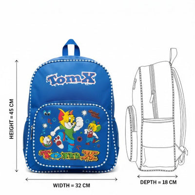 Blue TomX school backpack with cartoon characters, shown with measurements on a white background.