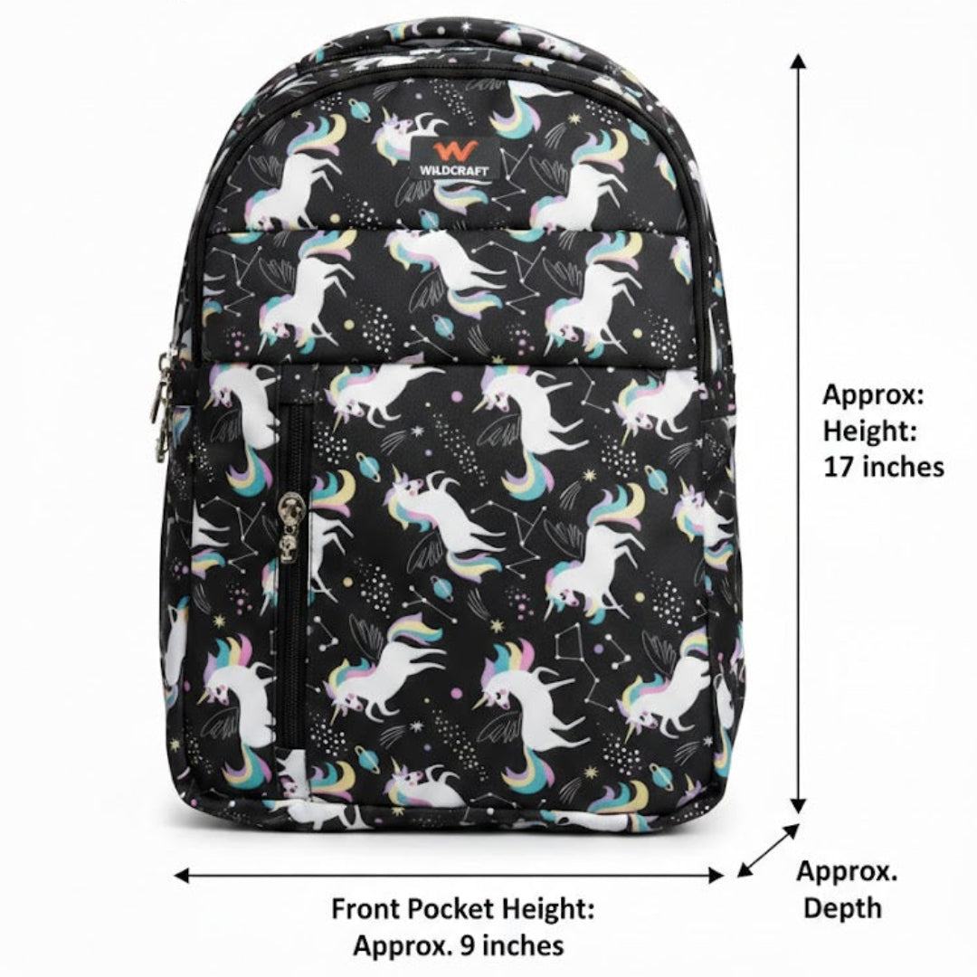 Backpack with unicorn pattern and measurements on a white background