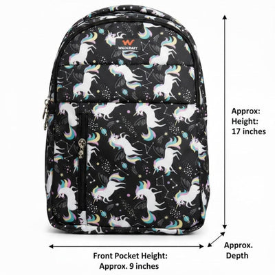 Backpack with unicorn pattern and measurements on a white background