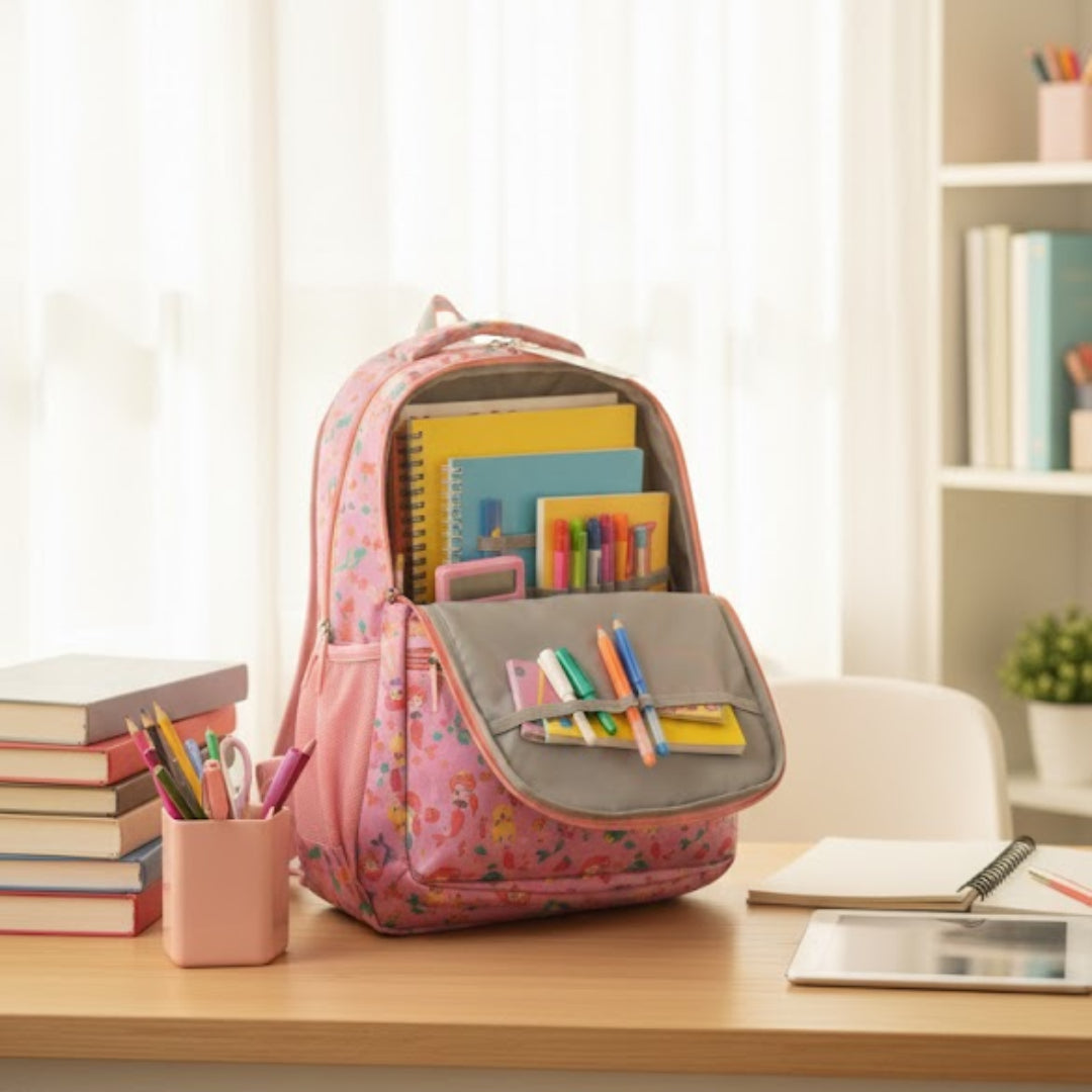 Pink backpack with books on a desk in a bright room
