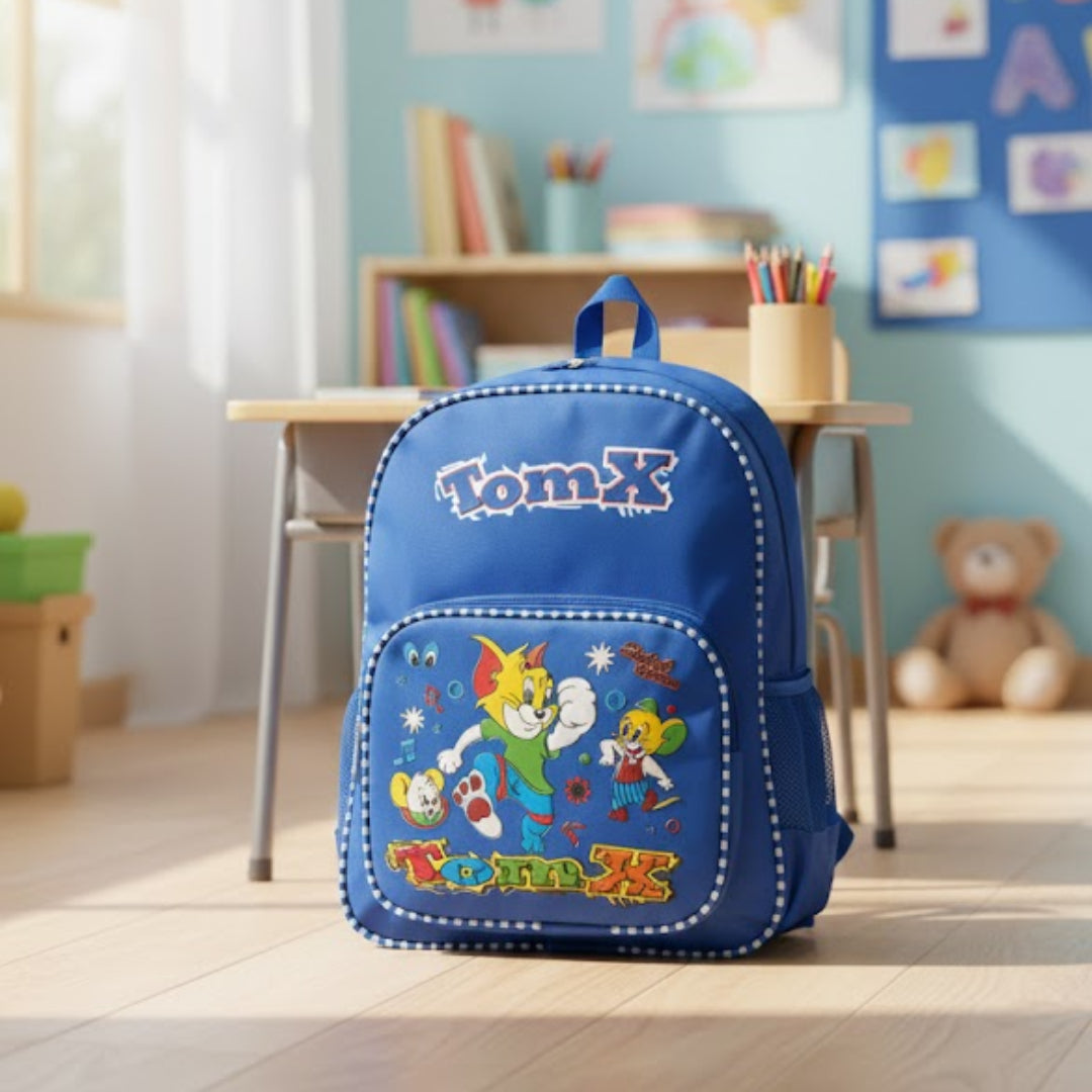 Blue children's backpack with cartoon characters on a wooden floor in a classroom setting.