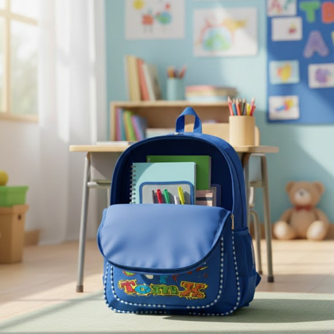 Blue backpack on a rug in a child's room with a desk and toys in the background.