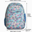 Backpack with butterfly pattern and measurements on a white background