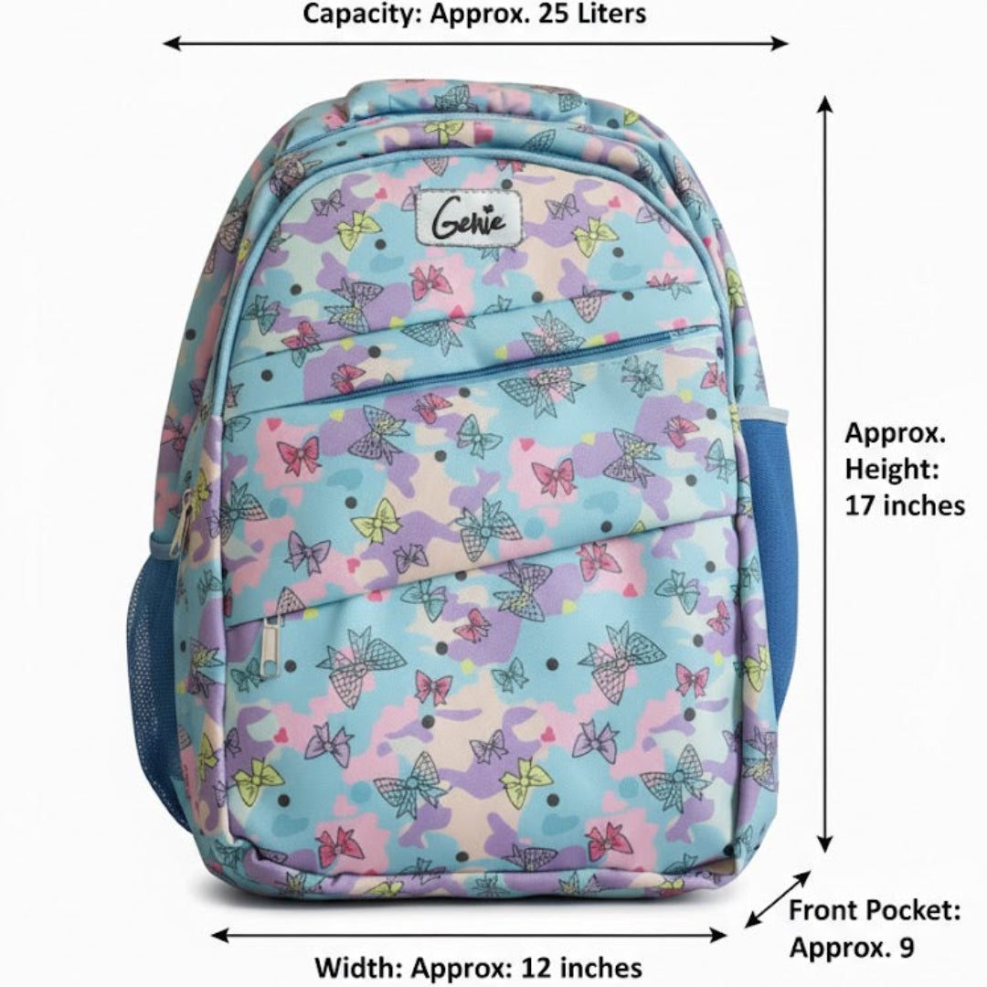 Backpack with butterfly pattern and measurements on a white background