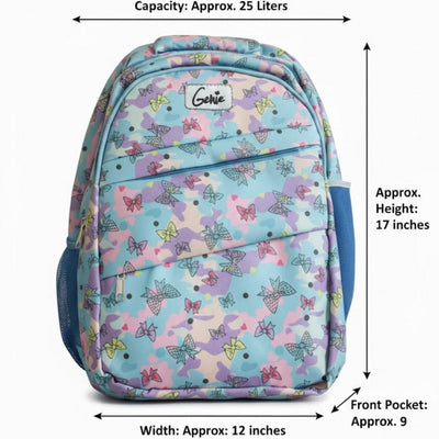 Backpack with butterfly pattern and measurements on a white background