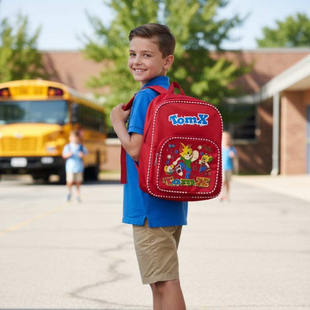 Boy with a red backpack standing in front of a school bus