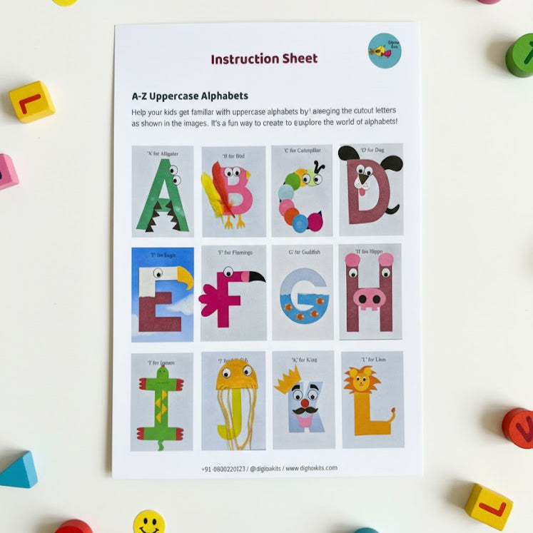 Instruction sheet for A-Z Uppercase Alphabets with colorful letter blocks on a white background