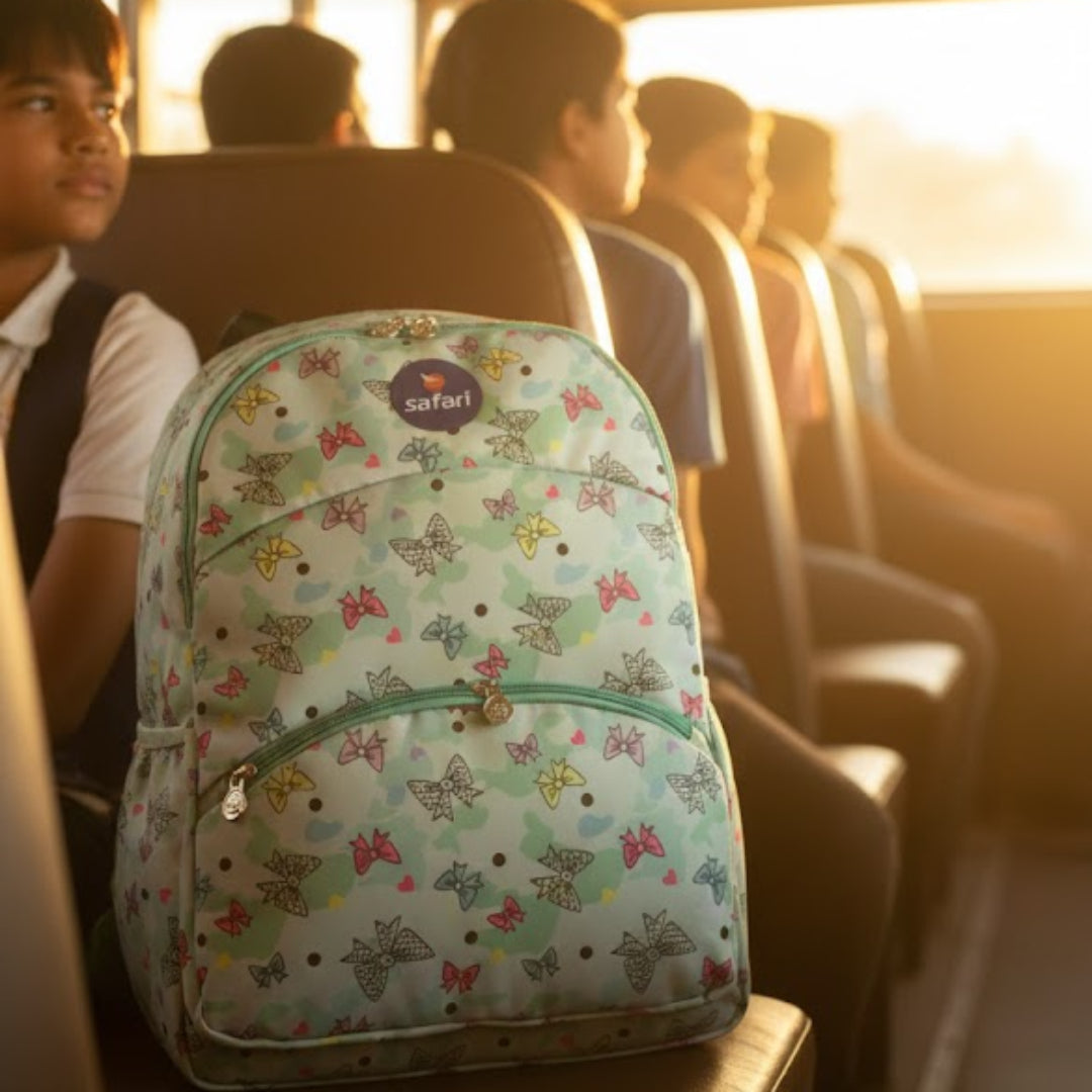 Child with a floral backpack on a school bus during sunset.