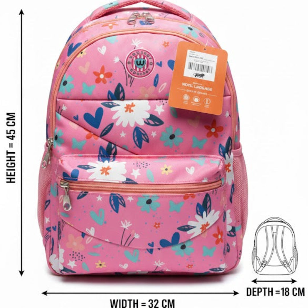 Pink backpack with floral pattern and measurements on a white background