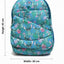 Backpack with cartoon character design and measurements on a white background
