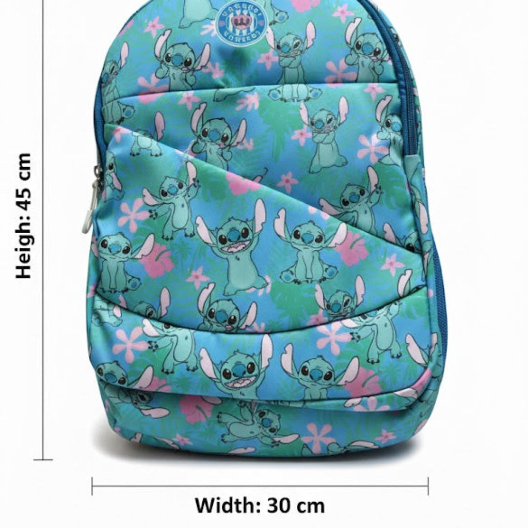 Backpack with cartoon character design and measurements on a white background