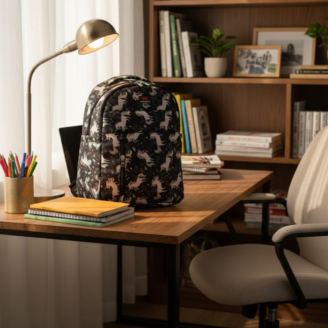 Backpack on a desk with a lamp, books, and a chair in a home office setting.