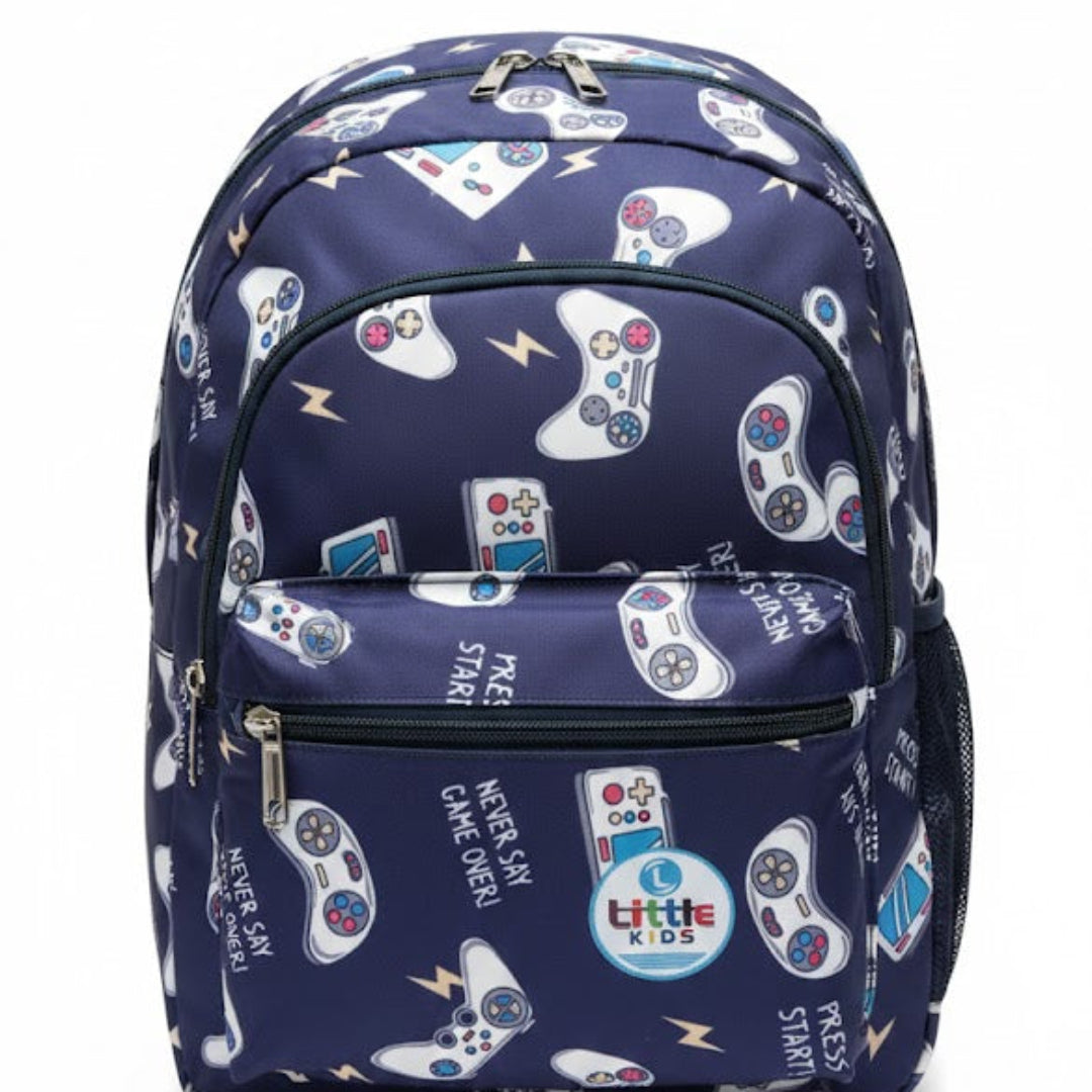 Navy blue backpack with gaming console pattern on a white background