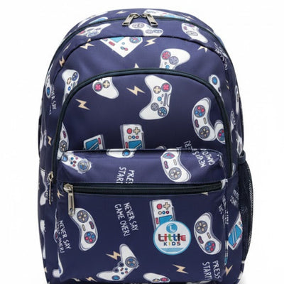 Navy blue backpack with gaming console pattern on a white background