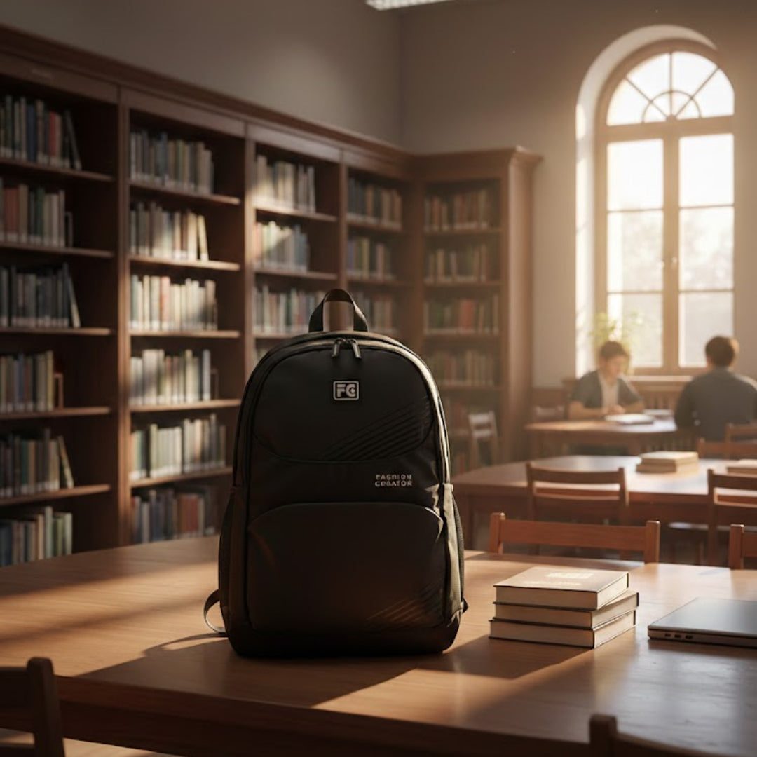 Black backpack on a table in a library with bookshelves and people in the background