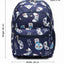 Navy blue backpack with game controller pattern and measurements on a white background
