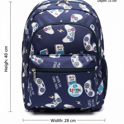 Navy blue backpack with game controller pattern and measurements on a white background