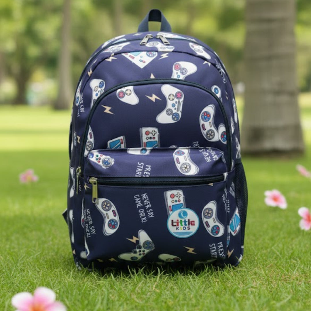 Navy blue backpack with colorful patterns on grass with palm trees in the background