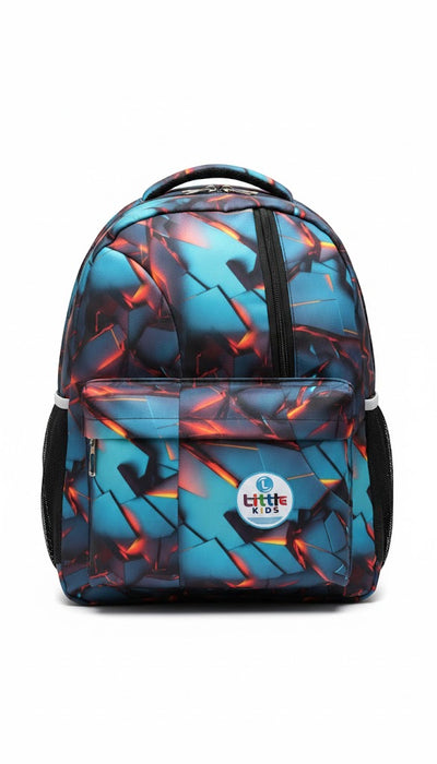 Backpack with blue and red abstract design on a white background