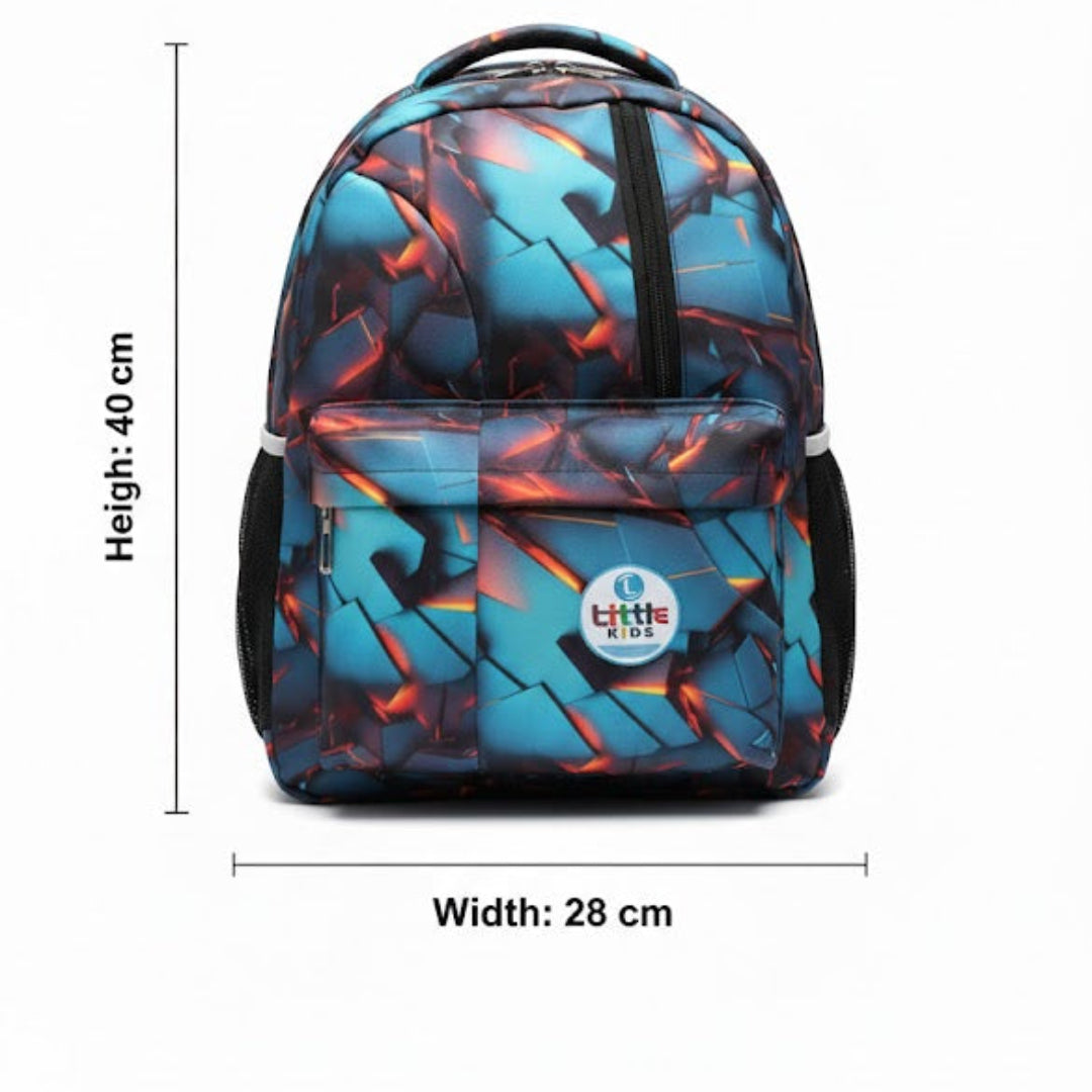 Multicolored backpack with dimensions on a white background