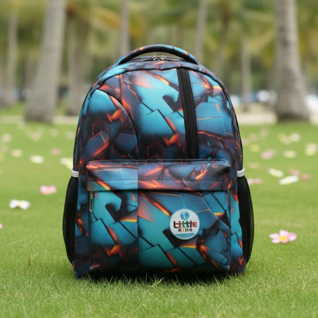 Backpack with colorful design on grass with palm trees in the background