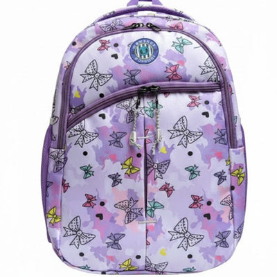 Purple backpack with butterfly pattern on a white background