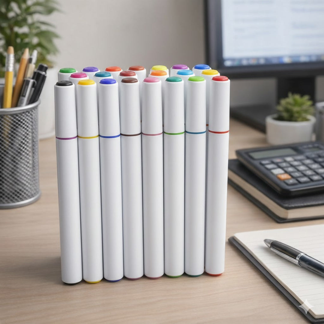 Set of white markers with colorful caps on a desk with office supplies.