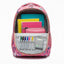 Pink backpack with stationery items on a white background