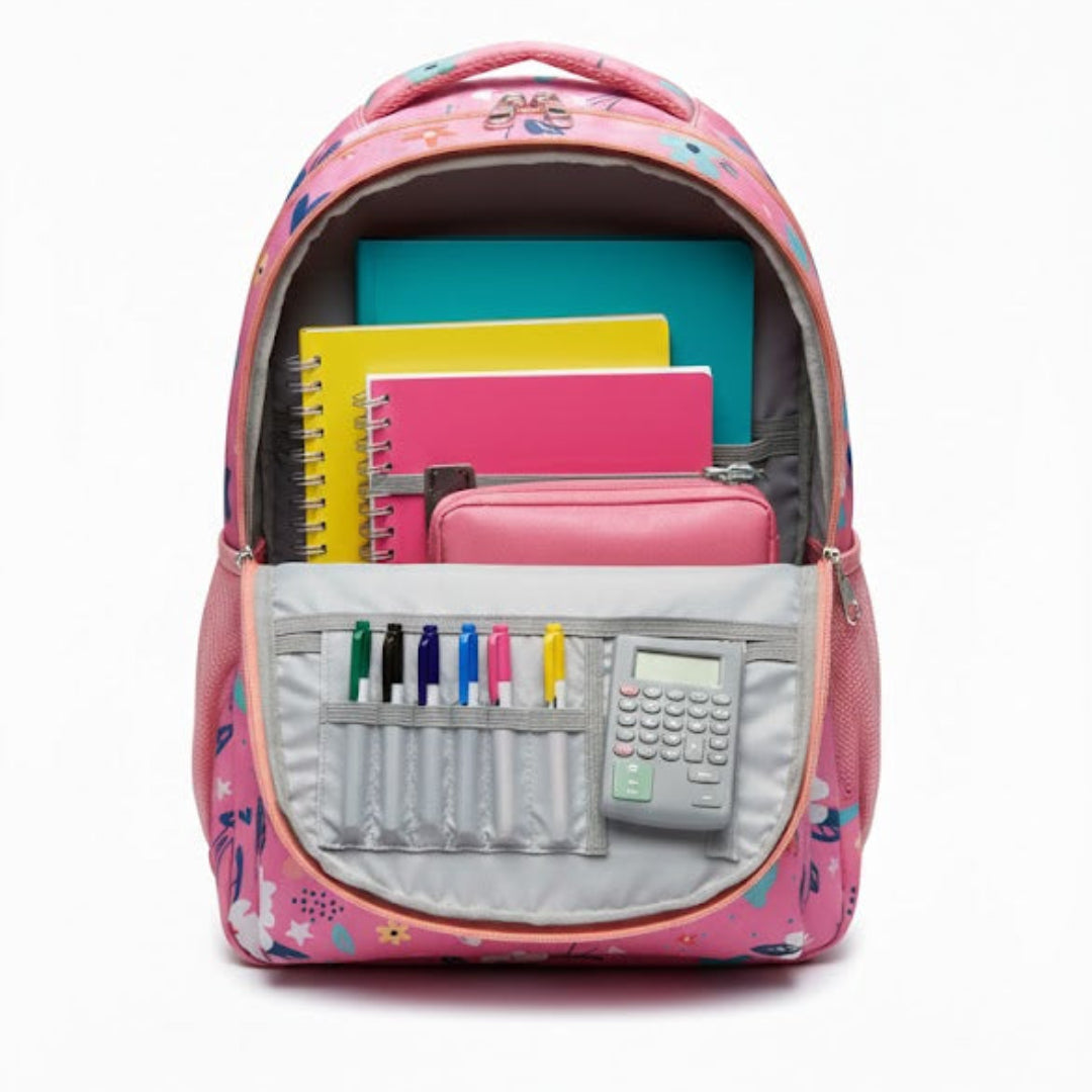 Pink backpack with stationery items on a white background
