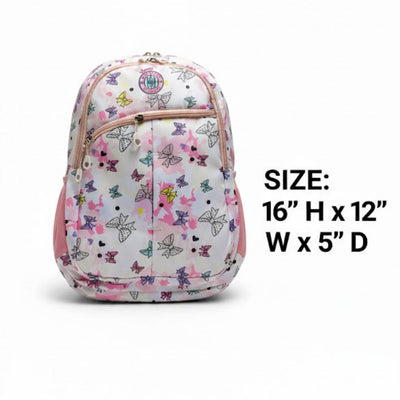 Backpack with butterfly pattern and size information on a white background