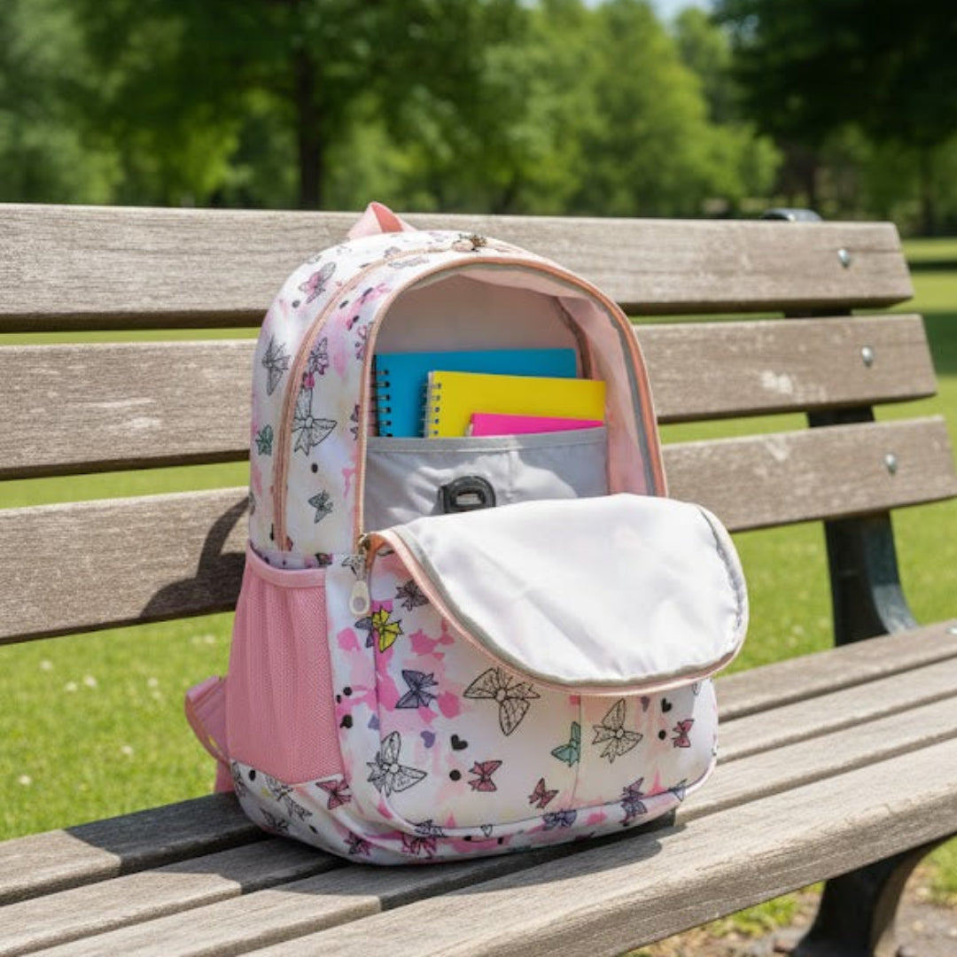 Backpack with colorful items on a wooden bench in a park