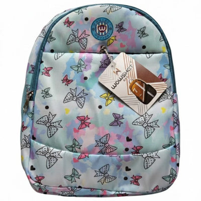 Backpack with butterfly pattern and a visible brand tag on a white background