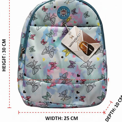 Backpack with butterfly pattern and dimensions on a white background