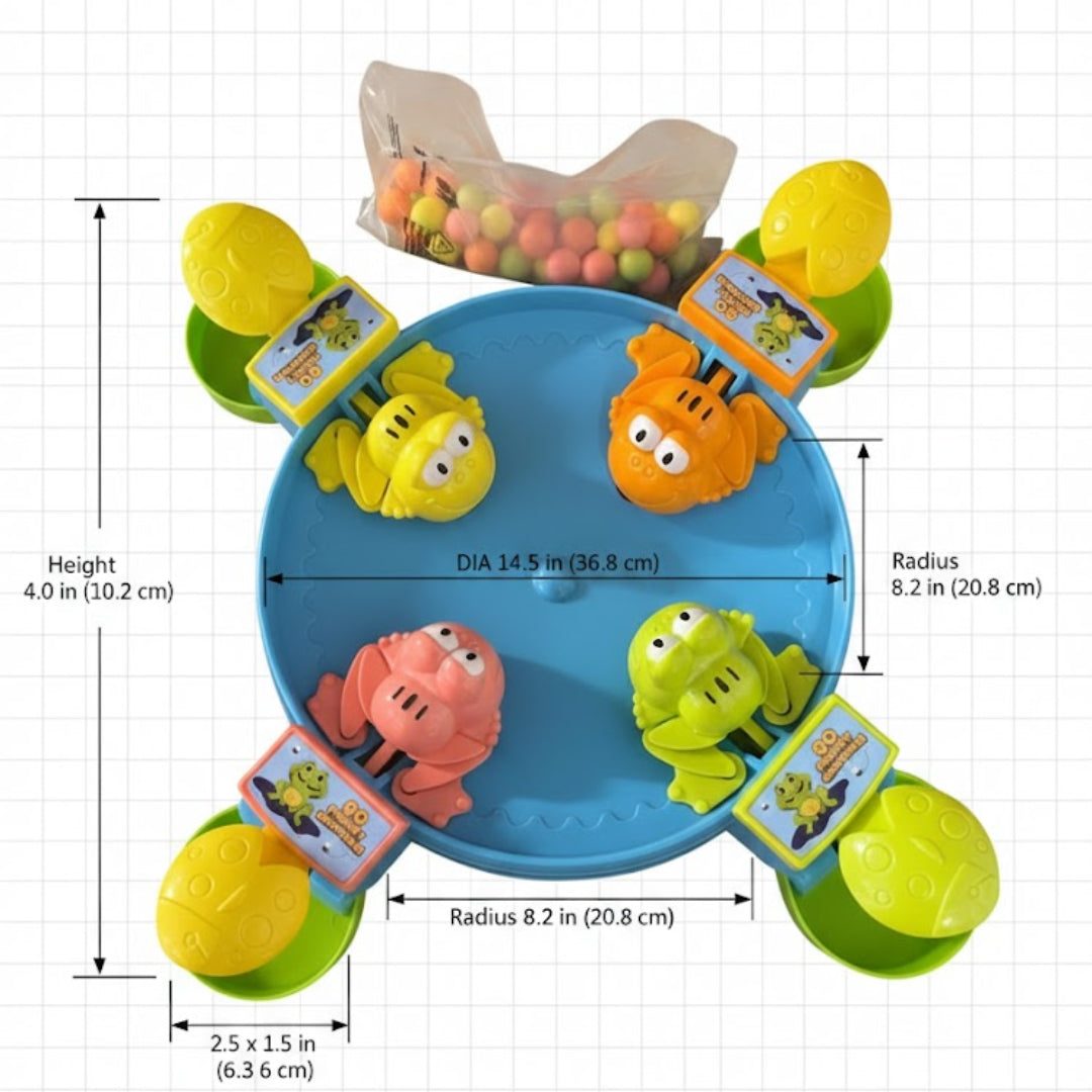 Colorful toy with animal figures and a central round platform, featuring dimensions on a white background.