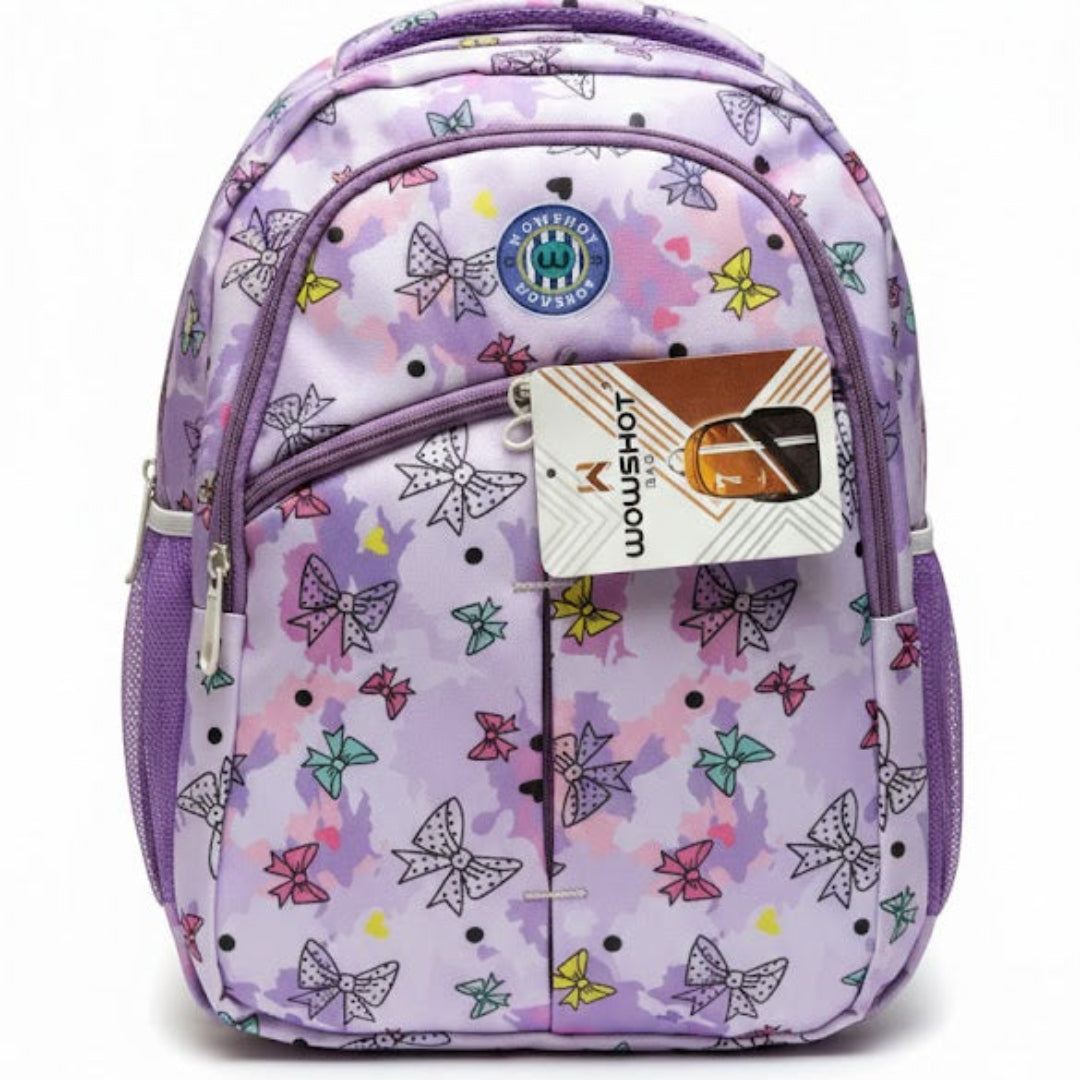 Purple backpack with butterfly pattern on a white background