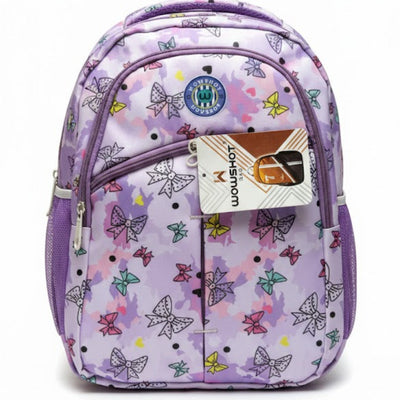 Purple backpack with butterfly pattern on a white background