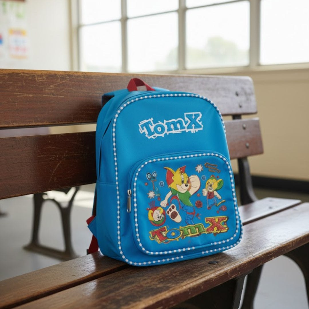 Blue backpack with cartoon characters on a wooden bench in a classroom.
