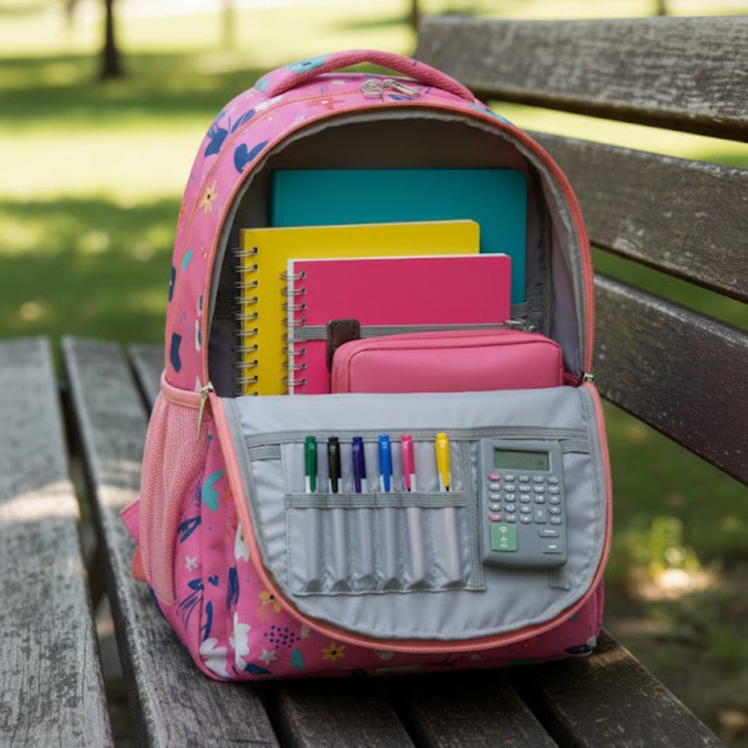 Pink backpack with school supplies on a wooden bench in a park