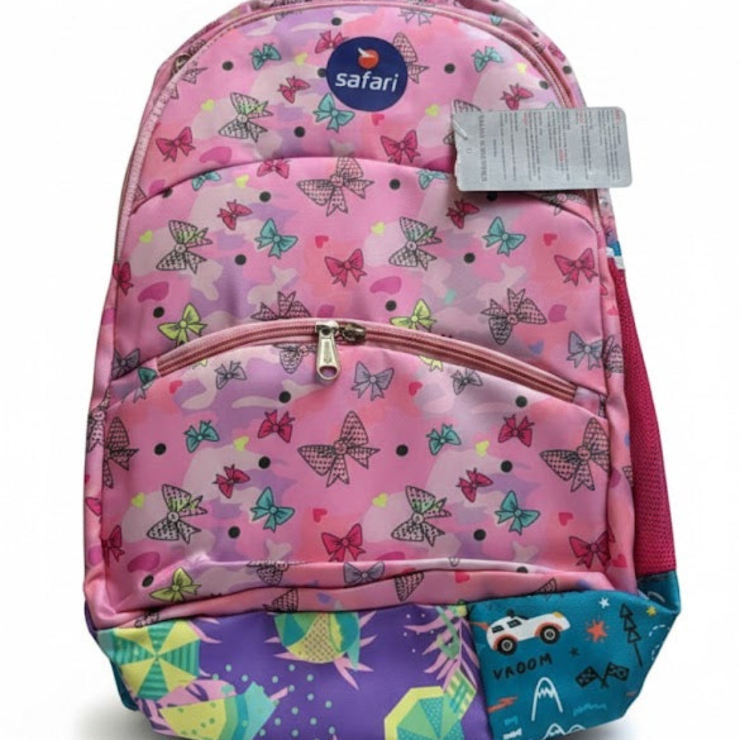 Pink backpack with butterfly pattern on a white background