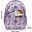 Purple butterfly-patterned backpack with dimensions on a white background