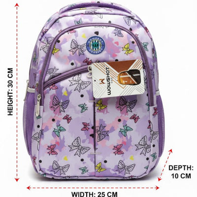 Purple butterfly-patterned backpack with dimensions on a white background